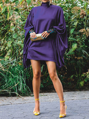 Going Out Loose Batwing Sleeves Buttoned Solid Color Mini Dresses