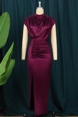 Pink Fashion Sexy Solid Slit Fold Half A Turtleneck Evening Dress