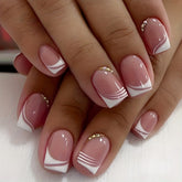 24pcs Pink Press On Nails Short Square Fake Nails Glossy Full Cover Rhinestone False Nails With French White Edge Design For Women Girls