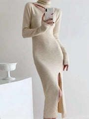 High Waisted Long Sleeves Hollow Solid Color Split-Side Mock Neck Midi Dresses Sweater Dresses