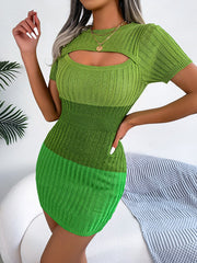 High Waisted Short Sleeves Gradient Hollow Round-Neck Mini Dresses Sweater Dresses
