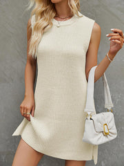 Loose Sleeveless Solid Color Split-Joint Tied Waist Round-Neck Mini Dresses Sweater Dresses