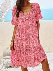 Women Floral Printed Short Sleeve Vintage Boho Weaving Tunic Dress