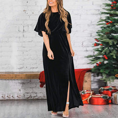 Fashion Velvet Round Neck High Slit Maxi Dresses