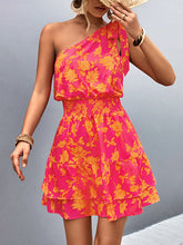 A-Line Sleeveless Elasticity Flower Print Split-Joint Tied Tiered One-Shoulder Mini Dresses