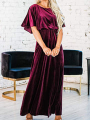 Fashion Velvet Round Neck High Slit Maxi Dresses