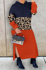 Black Casual Print Patchwork Slit Hooded Collar Long Sleeve Dresses