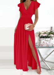 Solid Color V-Neck Short Sleeve Casual Maxi Dress