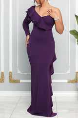 Purple Elegant Formal Plain Patchwork Flounce One Shoulder Evening Dress Dresses