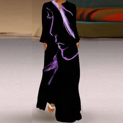 Vintage Abstract Face Printed Long Party Dress Women Robe V-neck Long Sleeve A-Line Dress