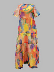 Loose Short Sleeves Multi-Colored Split-Joint Maxi Dresses