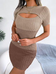 High Waisted Short Sleeves Gradient Hollow Round-Neck Mini Dresses Sweater Dresses
