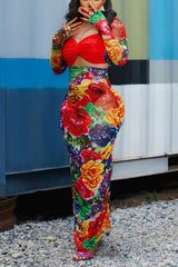 Red Elegant Patchwork Print Floral Patchwork Fold Printing Strapless Printed Dress Dresses