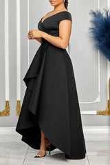 White Daily Celebrities Elegant Patchwork Flounce Solid Color V Neck Asymmetrical Dresses