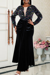 Black Party Formal Patchwork Sequins O Neck Long Dress Dresses