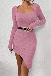 Womens Sexy Mini Bodycon Dresses Long Sleeve Square Neck Thigh Slit Tight Fitted Dress Spring Autumn Women High Slit Short Dress