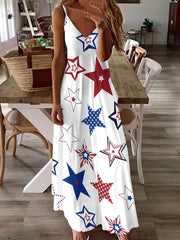 American Flag Star Print Slip Women Maxi Dress
