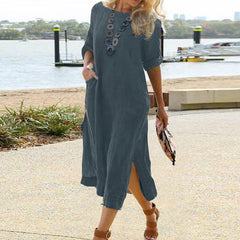 Solid Color Women Casual Short Sleeve Maxi Dress
