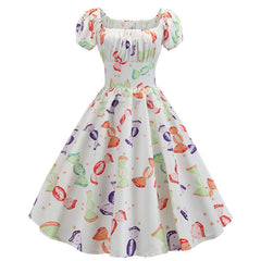 Summer Puff Sleeve Elegant Print Vintage Dress