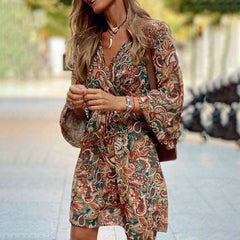Boho Tribal Printed V Neck Long Sleeve Mini Dress