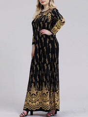 Long Sleeves Plus Size Printed Split-Joint Round-Neck Maxi Dresses