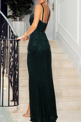 Green Sexy Patchwork Sequins Backless Slit Spaghetti Strap Evening Dress Dresses