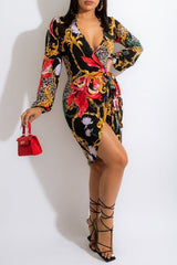 Multicolor Casual Print Frenulum V Neck Long Sleeve Dresses