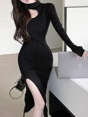 High Waisted Long Sleeves Hollow Solid Color Split-Side Mock Neck Midi Dresses Sweater Dresses