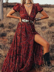 Printed V-Neck Short Sleeve Bohemian Resort Maxi Dress