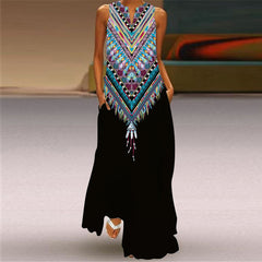 New Women's Long Dress Sleeveless V-Neck Floral Vintage Print Maxi Dresses