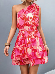 A-Line Sleeveless Elasticity Flower Print Split-Joint Tied Tiered One-Shoulder Mini Dresses