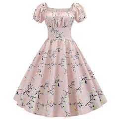 Summer Puff Sleeve Elegant Print Vintage Dress