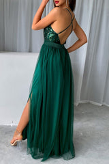 Red Sexy Formal Solid Sequins Patchwork Backless Slit Spaghetti Strap Evening Dress Dresses