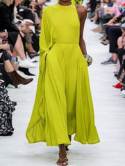 Vintage Plain Pockets Plus Size Sleeveless Casual Weaving Dress