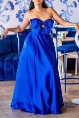Blue Elegant Formal Plain Hollowed Out With Bow Strapless Evening Dress Dresses