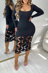 Black Casual Daily Elegant Hollowed Out Solid Color U Neck Dresses