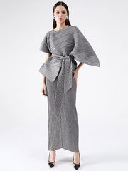 Urban Loose Solid Color Tied Pleated Top&V-Back Vest Dress Two Pieces Set