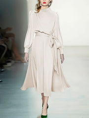 Urban Puff Sleeves Belted Solid Color Midi Dresses