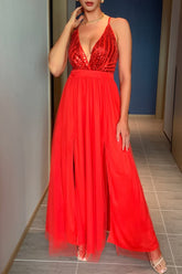 Red Sexy Formal Solid Sequins Patchwork Backless Slit Spaghetti Strap Evening Dress Dresses