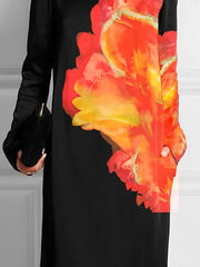 Long Sleeves Loose Flower Print Round-Neck Maxi Dresses