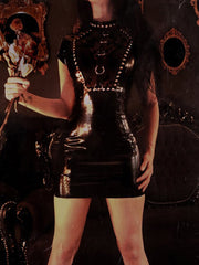 Punk Grunge PU Black Summer Dress For Women Gothic Clothes Patchwork Mini Dress Streetwear Slim Bodycon Party Club Dress