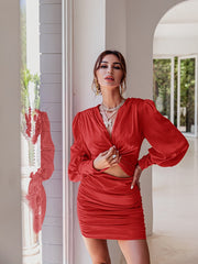 Hoobd Sexy deep v neck bodycon dress Party club hollow out mini dress Elegant winter autumn chic lantern sleeve satin dress