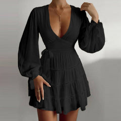 Hoobd Sexy Low-Cut Ruffle Bow A-Line Women Dress Lantern Sleeve V-Neck Slim Style Fashion Party Club Dress Spring Female Clothing