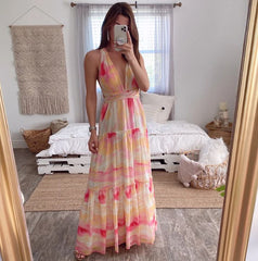 Summer Bohemian Dress Women Gradient Print Halter Dresses Sexy Deep V Neck Backless Bow Holiday Vacation Beach Dresses