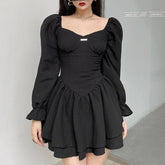 Fashion Elegant Puff Sleeve Black Dress Women Corset Autumn Pleated Sexy Party Dress Mini Double Layer Ruched Clothes
