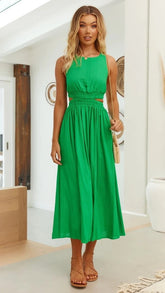 Women New Sexy Backless Cross Strap Midi Dress Summer Sleeveless Solid Casual Stretchy Waist High Waist Holiday Party Vestidos
