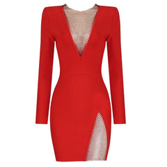 2023 New Summer New Women's Sexy V-neck Mesh Diamond Long Sleeve Bodycon Bandage Dress Fashion Celebrity Party Dress vestido