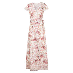 Women Bohemian V Neck Summer Maxi Dress Butterfly Short Sleeve Floral High Split Long Dress Wrap High Waist Bandage Sundress