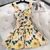 2023 Summer Woman Sleeveless Tube Top Collar Sling Print Vintage Sexy Sweet Mini Dress Korean Women A-line Pleated Holiday Dress