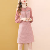Fashion Pink Long Sleeve Dress Winter High Waist Tweed French Women Party A-Line Dresses Knee Length Holiday Vestidos